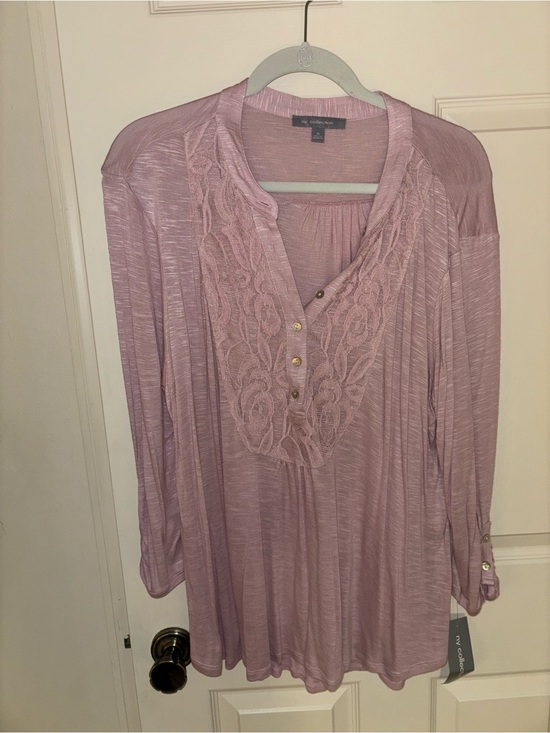 NY Collection Tops - NY Collection Women's Dusty Rose Lace-Trim Henley Top NWT